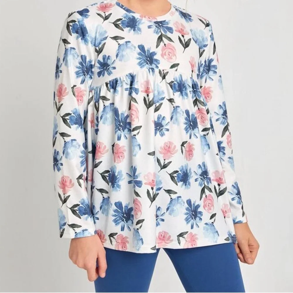 Girls Floral Print Babydoll Top & Solid Leggings Set